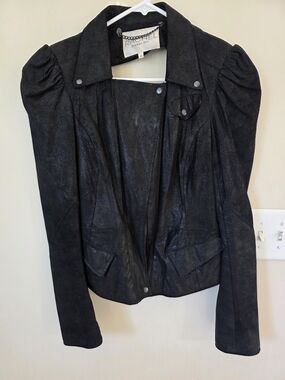 Rachel Roy Black Leather Puff-Sleeve Jacket